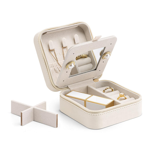 Vlando Small Travel Jewelry Box Organizer - Mirrored Carry-on Jewelries Necklaces Rings Earrings Necklace Storage Case, Beige