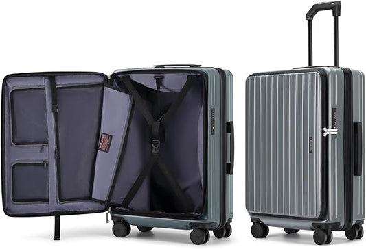 24 Inch Checked Large Luggage with Spinner Wheels Front Opening Rolling Suitcase for 5-7 Days Travel, Scratch Resistant PC Hardshell TSA Lock Cup Holder Specially Designed Ergonomic Pull Rod Handle