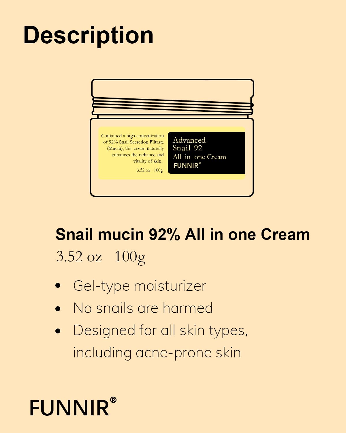 FUNNIR Snail Mucin Moisturizer 92%, Lightweight Moisturing Cream, 100g, Youthful and Radiant Formula, Repair Face Cream for All Skin Types, Skincare Products