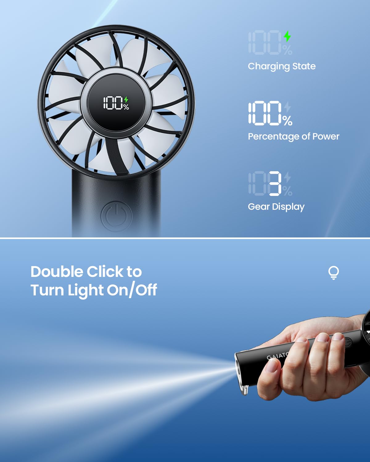 Gaiatop Portable Mini Fan, 3 Speed Handheld Fans with Power Display Flashlight, USB Rechargeable Battery, Lightweight Personal Cooling for Women Men Indoor Outdoor Travel Black