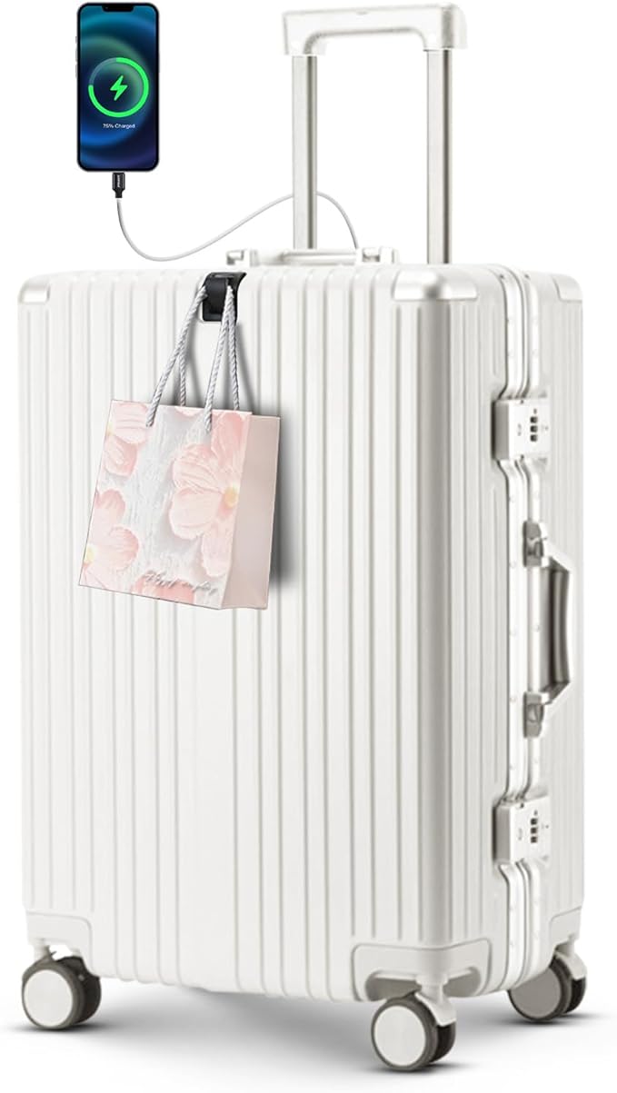 20 Inch Carry On Luggage Suitcase TSA Locks Approved Hardside Lightweight Suitcase With Cup Holder Carry-On Luggage With USB Port Zipperless Design Airline-Approved 360° 8 Double Spinner Wheels