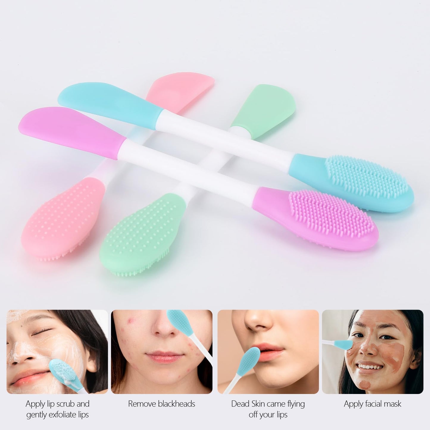 4 Pack Silicone Face Mask Applicator, 2 in 1 Double-Sided Facial Scrubber Brush Tool, Double-Head Manual Cleansing Brush for Deep Gentle Exfoliating