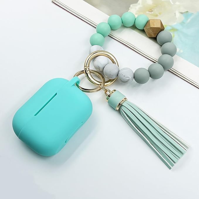 Compatible with Airpods Pro Soft Silicone Case Cover with Bracelet Keychain for Apple Airpod Pro 1st Generation Case for Women (Mint Green)