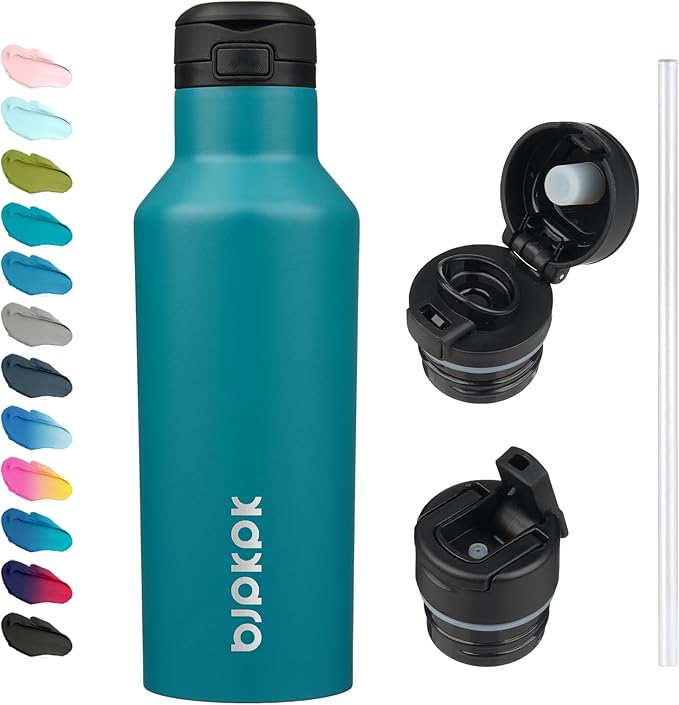 BJPKPK Insulated Water Bottle With Straw 17oz Stainless Steel Water Bottles With 2 Lids And Carry Handle Reusable Travel Metal Thermo,Lake Blue