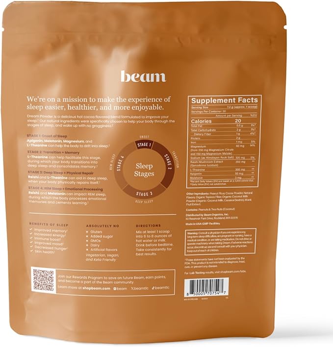 Beam Dream Sleep Powder, L-Theanine, Apigenin, Reishi and Magnesium, Third Party Tested Natural Sleep Aid & Sleep Supplement for Deep Sleep, Relaxation and Recovery, Natural Sleep Support, 30 Servings
