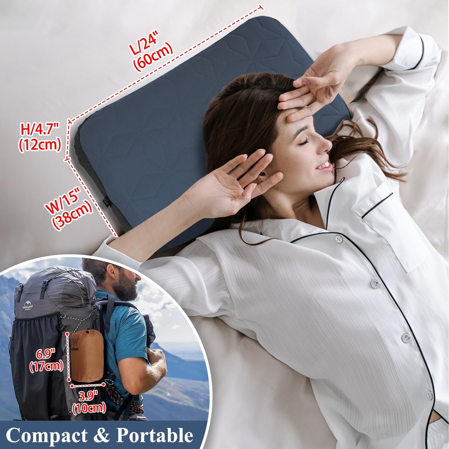 UWILLION Camping Pillow with Removable Cover Large Size 24“ x 15" - Ultralight Inflatable Pillow for Camping Lightweight, Ergonomic and Washable for Camping, Hiking, and Travel Gray