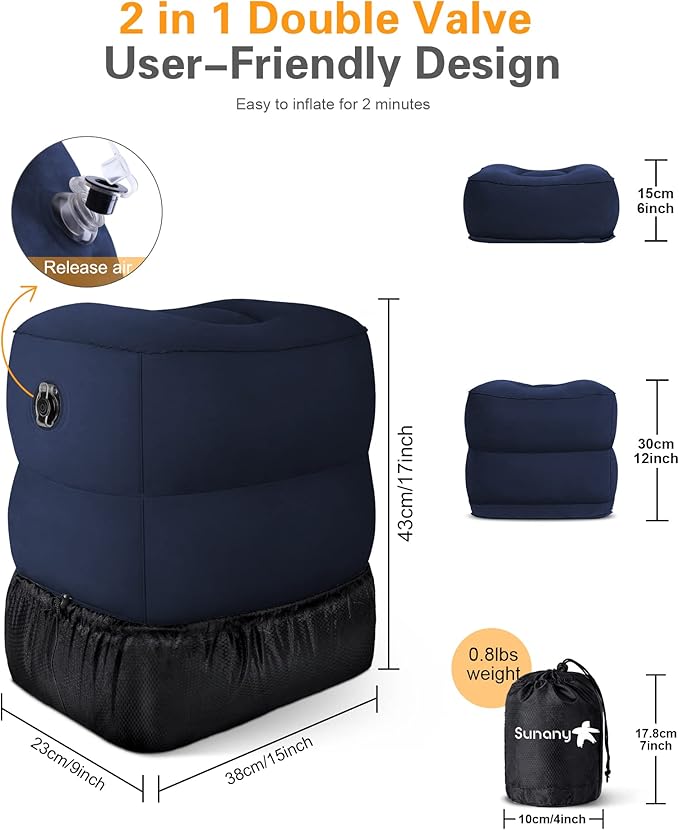 Sunany Inflatable Foot Rest Pillow for Travel, Kids/Adults Airplane Travel Pillow-Adjustable Height Cushions,for Kids to Sleep While Traveling,Suitable for Office, Home and Any Travel（Blue）