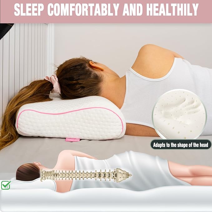 Travel & Camping Comfortable Memory Foam Pillow – Easy to Carry Portable Bag – Temperature Regulating Pillow Case (Pink Contour + Extra Cover)