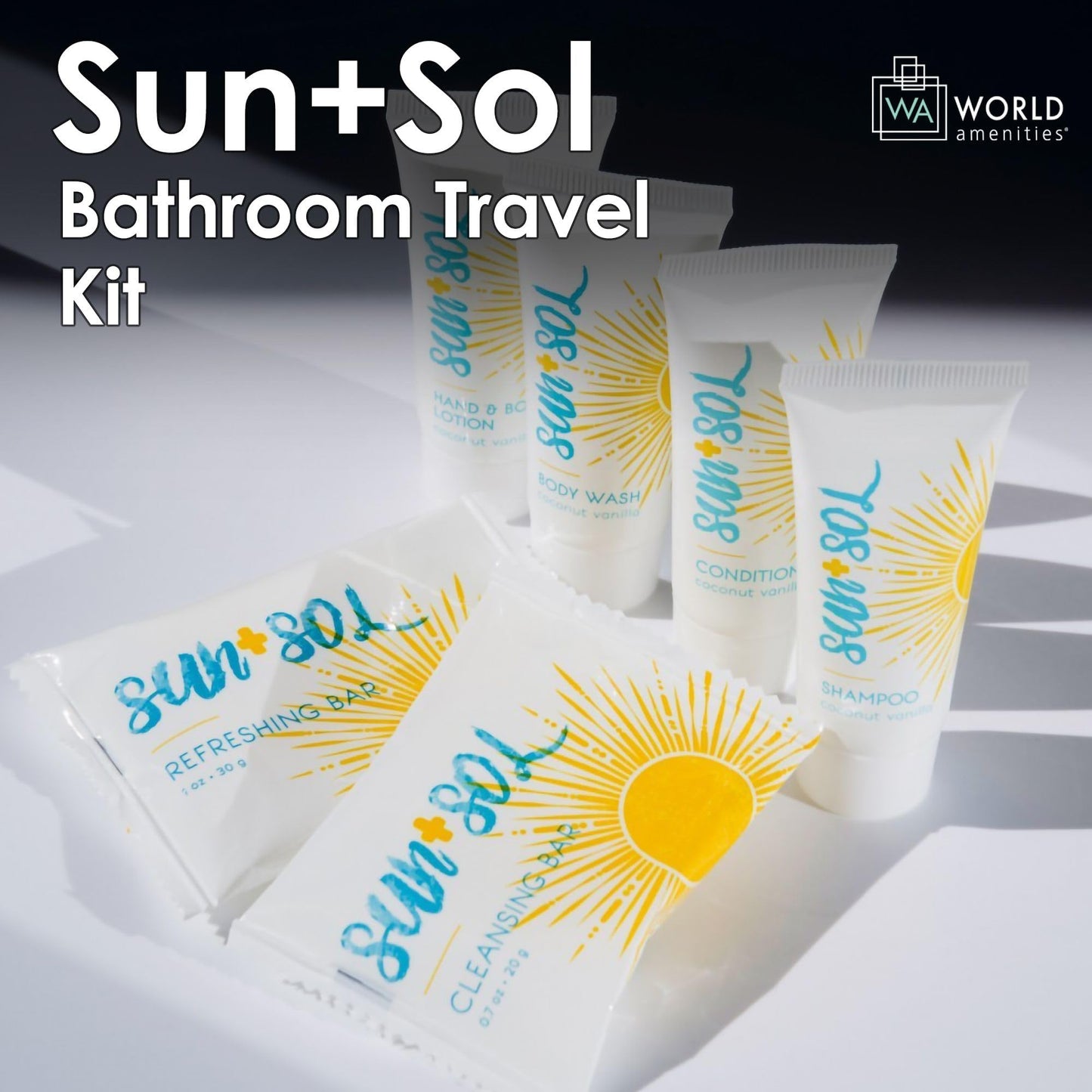 World Amenities - Sun + Sol Mini Size Hotel Toiletries Bathroom Kit | Warm Coconut & Vanilla | Shampoo, Conditioner, Body Wash, Lotion, Cleansing Bar, Refreshing Soap Bar and Moisturizing Massage Bar