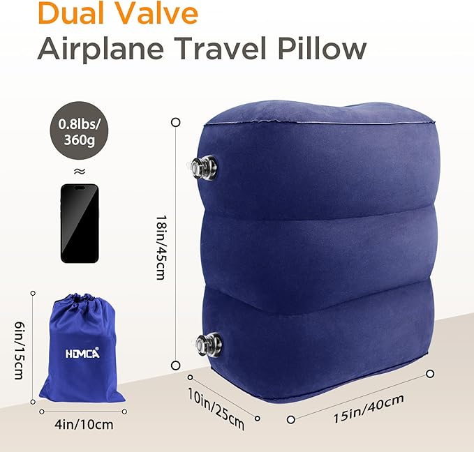 HOMCA Inflatable Travel Foot Rest Pillow, Adjustable Height Leg Pillow，Fast Inflating Airplane Bed for Toddlers，Footrest Pillow for Office, Airplane，Train，Cars，Home (Blue)