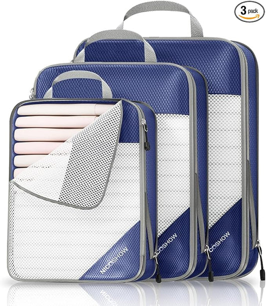 3 Set Compression Packing Cubes for Travel - Compressible, Lightweight, and Space-Saving Packing Cubes, Travel Essentials for Women, Navy