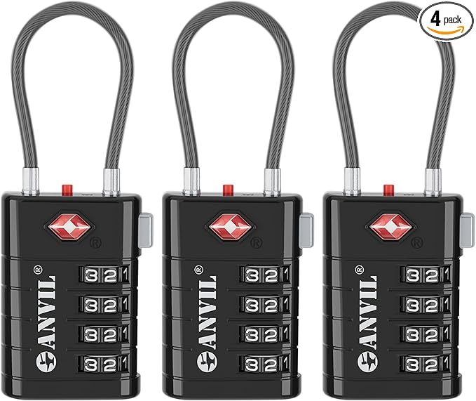 ANVIL 4 Digit Luggage Locks, TSA Locks for Luggage, Advanced TSA008 core, Alert Indicator for Your Travel Lock, Suitcase Lock. (3, Black)