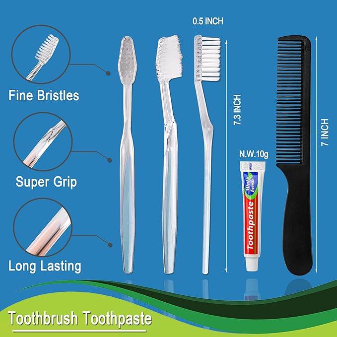 30pcs Disposable Toothbrushes with Toothpaste and Comb Individually Wrapped,10g Toothpaste,7inch Black Comb, Toothbrush for Homeless, Hotel,AirBnb