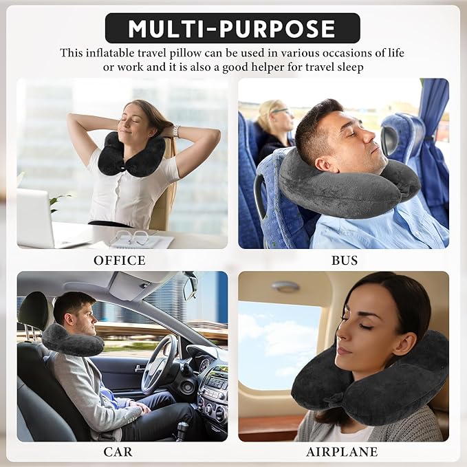 Sintuff 2 Pack Inflatable Travel Pillow for Airplanes Inflatable Neck Flight Pillows with Compact Bag and Blindfold for Traveling, Airplane, Train, Car, Office(Black and Dark Gray)