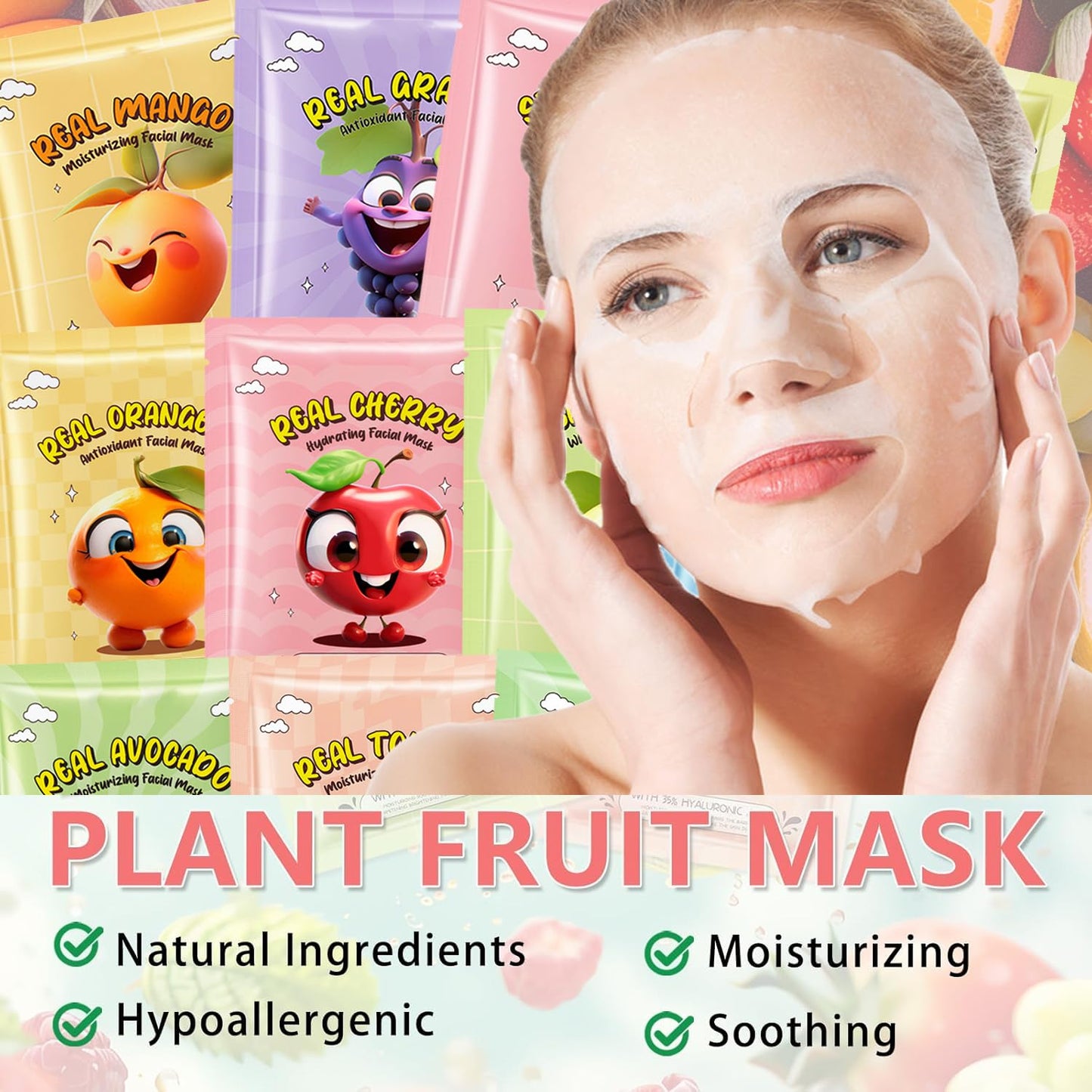 12 Pack Fruit Face Mask for Kids, Stocking Stuffers, Skin Care for Kids, Moisturizing Face Masks Skin Care, Facial Mask Bulk, Kid Party Favors, Christmas Gifts, Slumber Party Supplies for Girls