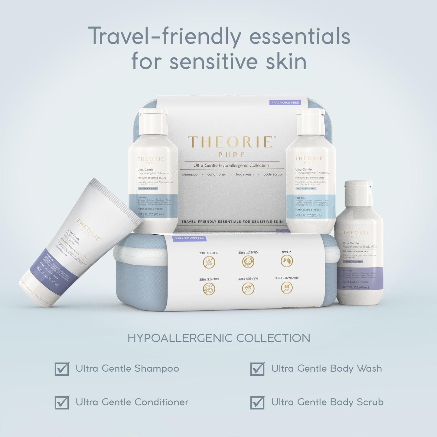 THEORIE PURE Travel Size Toiletries Set - Hypoallergenic Shampoo, Conditioner, Body Wash & Body Scrub - Fragrance-Free, No Sulfates or Parabens - Clean Beauty Essentials for Hair & Skin