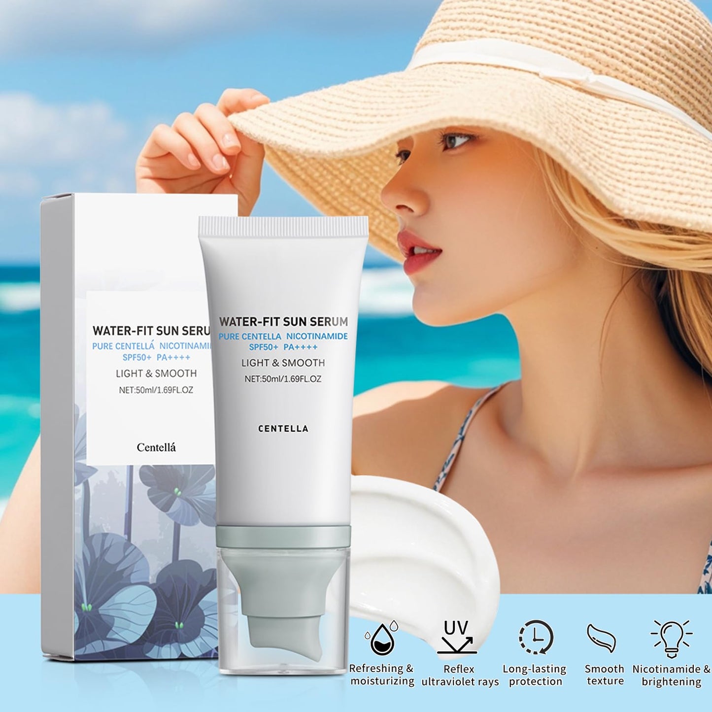 Centella Sunscreen SPF 50 PA++++, Korean Sunscreen Water-Fit Sun Serum, Face Sun Screen Long-Lasting, Hydrating & Non-Greasy Sun Protection for Sensitive Skin, Reef-Safe & Fast-Absorbing