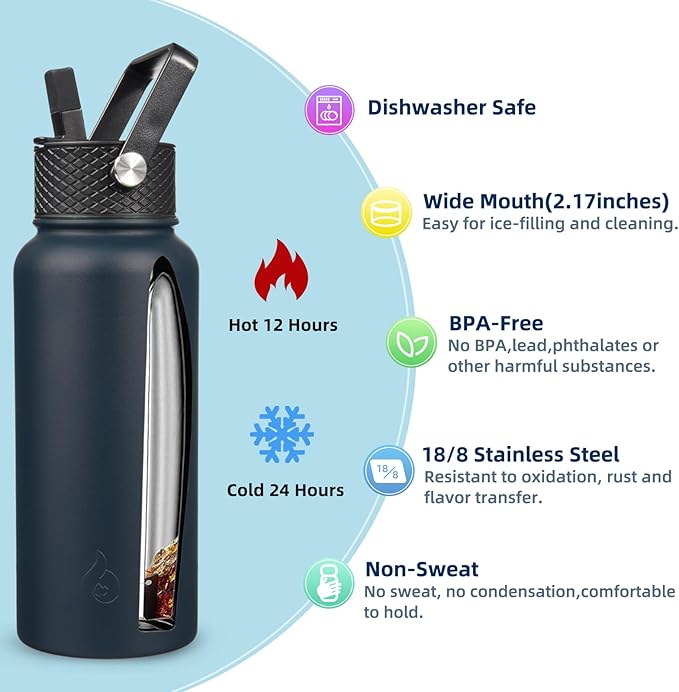 BJPKPK Insulated Water Bottles with Straw Lid, 32oz Metal Large Water Bottle with 3 Lids, Reusable Leak Proof BPA Free Thermo, Stainless Steel Tumblers for Sports, Gym, Travel-Navy Blue