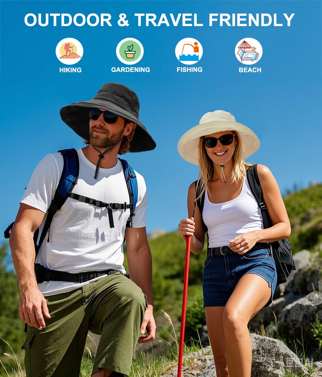 Sun Hats for Women, Wide Brim Waterproof Bucket Hat, Summer Beach Packable Ponytail Hat,UPF 50+ UV Protection Black