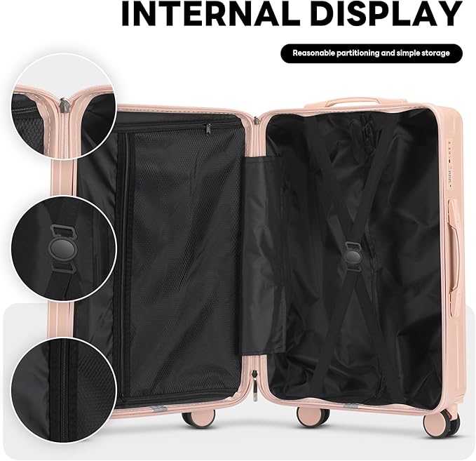 20 Inch Carry On Luggage With Cup Holder & USB Port, Airline Approved TSA-locked Luggage, Lightweight PC Material Travel Suitcase With 360° Spinner Wheel (14-20-24-28in Pink, 14-20-24-28in)