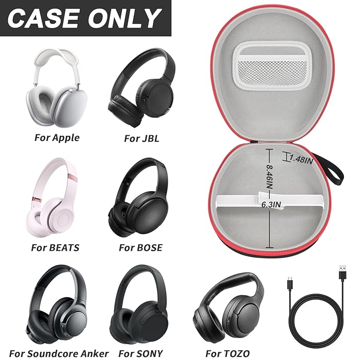 Comecase Universal Headphone Case Comepatible with JBL/for Beats/for Sony/for Bose Max Over Ear Headphone and More, Travel Carrying Box for Bluetooth Wireless Headset (Black+Red Zipper)