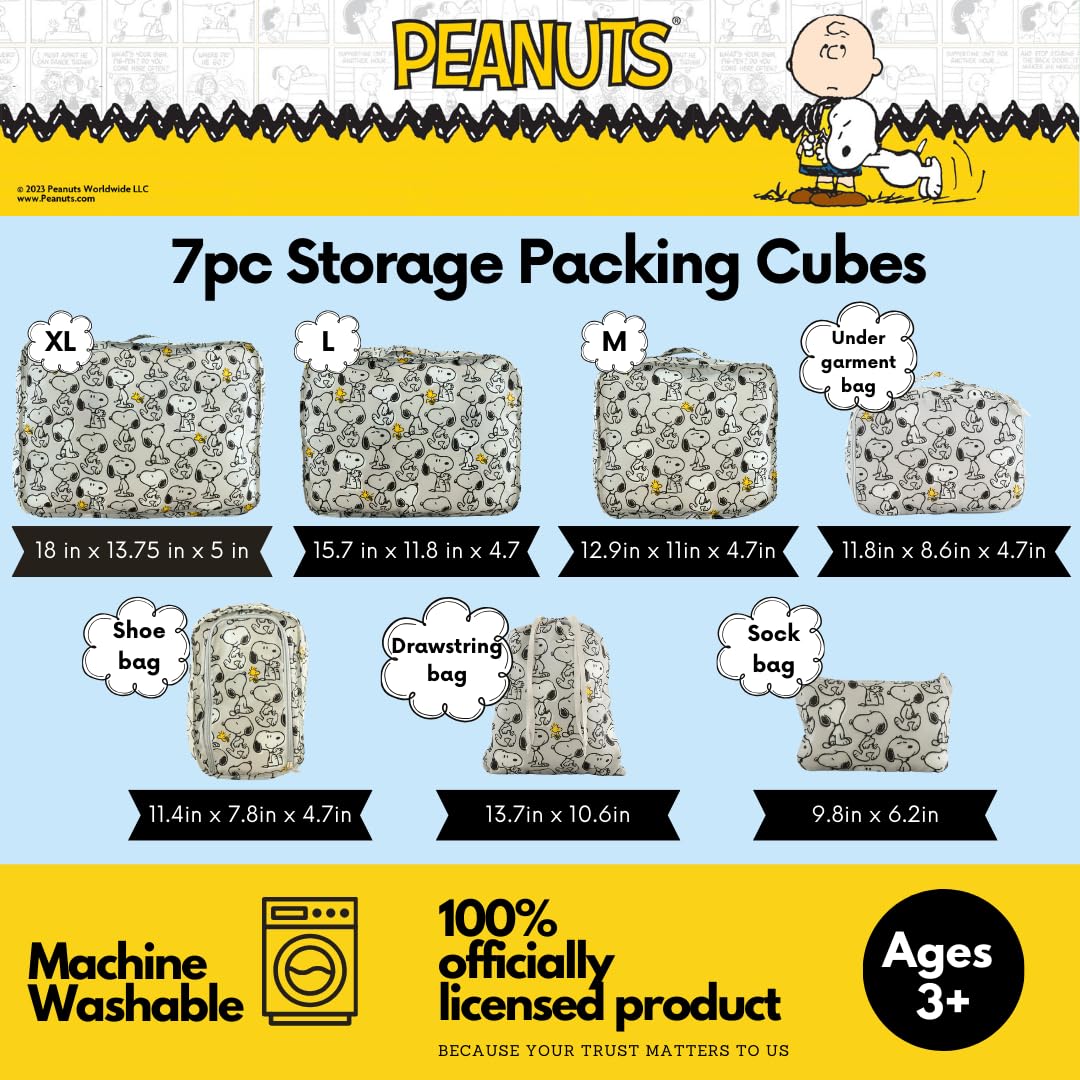 Peanuts Snoopy Beauty 7 Piece Soft Storage Organization Packing Cubes Travel Set (Officially Licensed Product) By Franco Collectibles