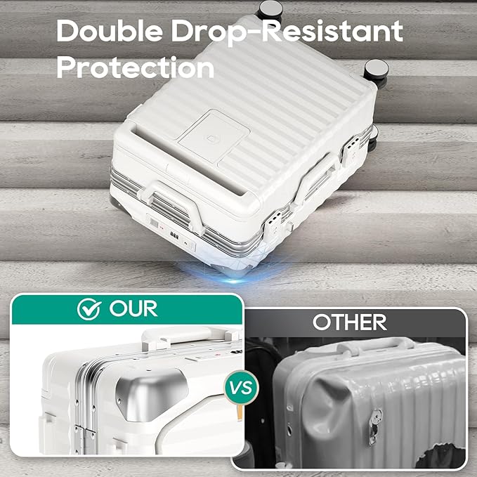 Joyway 20 Inch Carry on Luggage with Aluminium Frame and Front Pocket, PC Hardshell Suitcase with USB Port and Cup Holder, 21.5x14.2x9 Airline Approved, Luggage with Spinner Wheels and TSA Lock(White)