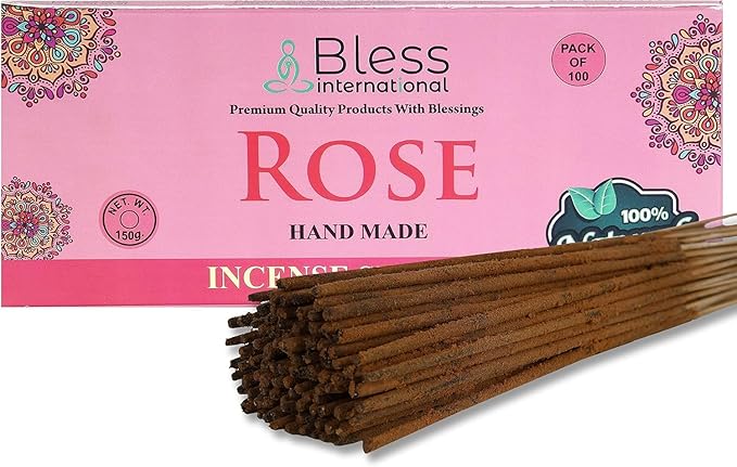 Bless-Rose 100%-Natural-Handmade-Hand-Dipped-Incense-Sticks Organic-Chemicals-Charcoal-Free Purification-Relaxation-Positivity-Yoga-Meditation Best-Woods-Scent (100 Sticks (5.25 OZ))