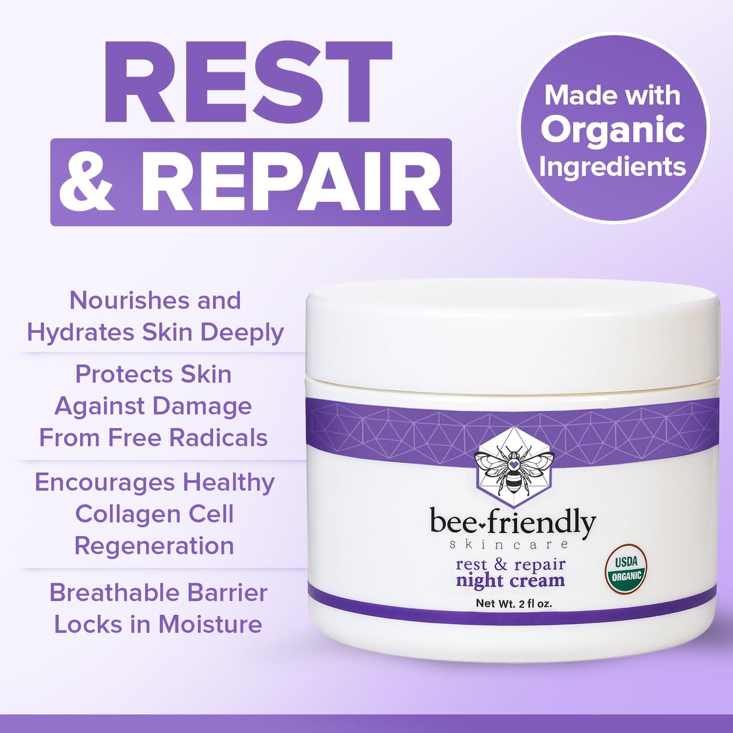 BeeFriendly Organic Night Cream, USDA Certified Organic, Deep Hydrating & Moisturizing Night Time Eye, Face, Neck & Decollete Cream for Women and Men, Anti Aging, Anti Wrinkle 2 oz