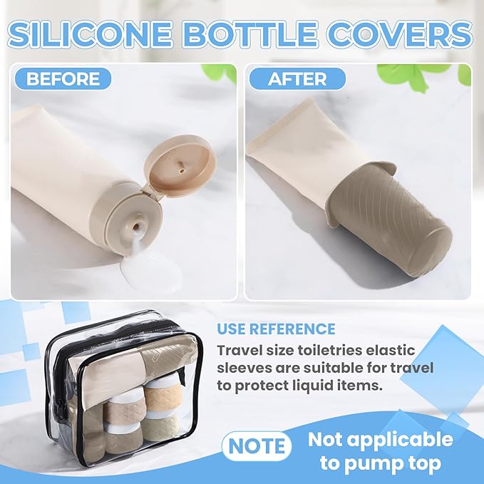 16Pack Travel Bottles for Toiletries, TSA Approved Travel Size Toiletries Containers Set, Silicone Leak Proof Refillable Bottles Elastic Sleeves Creams Jars Accessories Kit W/Clear Bag (Cream)