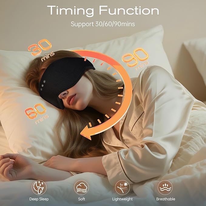 Sleep Eye Mask with Wireless Headphones - 29 Soothing White Noise Sounds, 3D Zero Pressure Bamboo Cotton Eye Maks for Women & Men, Blackout Sleeping Masks for Side Sleeper, Removable Eye Cover (Black)