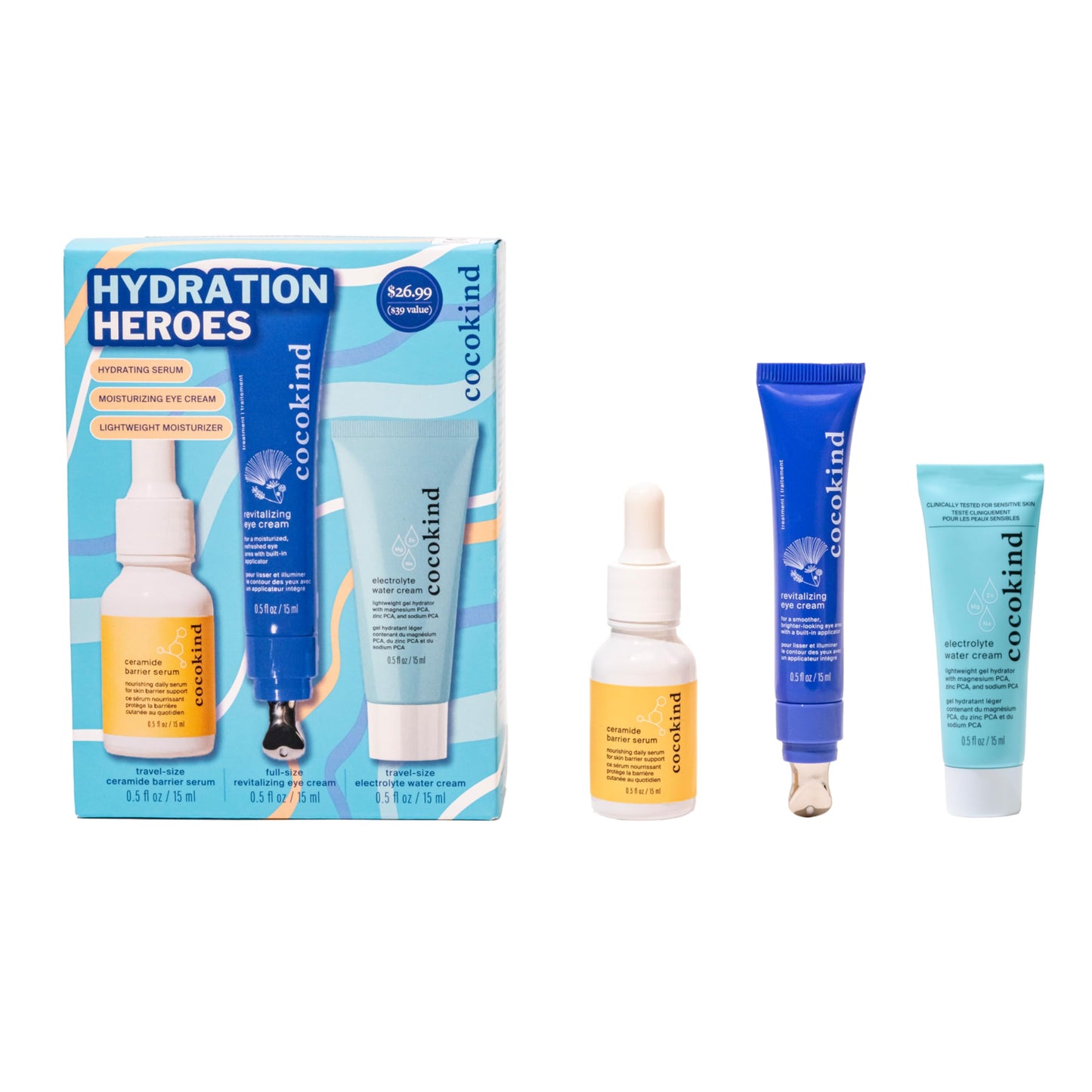 Cocokind Hydration Heros Set | Milky Ceramide Hydrating Serum, Eye Cream with Cooling Metal Applicator Tip, Lightweight Electrolyte Moisturizer | Hydrate, De-Puff, Calm, Balance | 3 Count