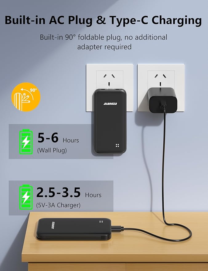 Alongza Portable Charger Built-in Cables and AC Wall Plug, Slim Fast Charging Power Bank 10000mAh, Lightweight USB C External Battery Pack Compact Travel Cell Phone Charger