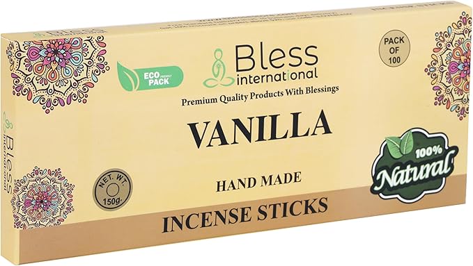Bless-Vanilla 100%-Natural-Handmade-Hand-Dipped-Incense-Sticks Organic-Chemicals-Charcoal-Free Purification-Relaxation-Positivity-Yoga-Meditation Best-Woods-Scent (100 Sticks(5.25 OZ))
