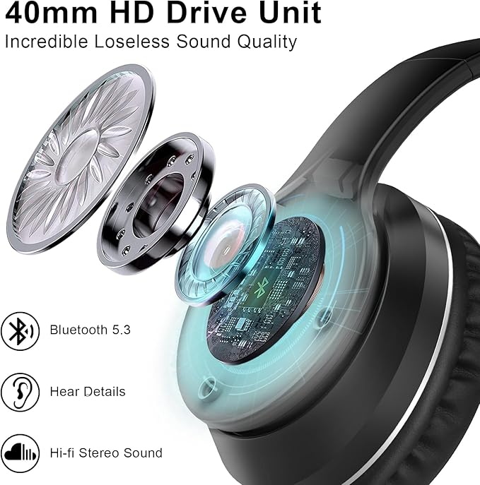JOMILIN B9 Wireless Headphones Over-Ear, 60 Hours Playtime Lightweight Folding Hi-fi Stereo Bass Bluetooth Headset with Mic, Volume Control Headphones for iPad/Travel/Tablet/PC (Black)