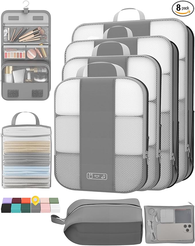 8 Set Compression Packing Cubes for Travel Essentials,Compressible Expandable Packing Cubes for Suitcase,OlarHike Luggage Organizer Bags for Travel,Handy Helper for Organizing Clothes(Gray)