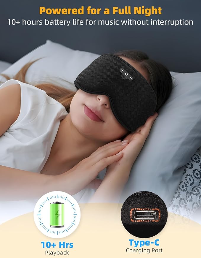 3D Contoured Sleep Mask with Bluetooth Headphones, Adjustable Blackout Sleeping Mask, Easy Installation Sleeping Headphones with Ultra-Thin Stereo Speakers for Men, Women - Black