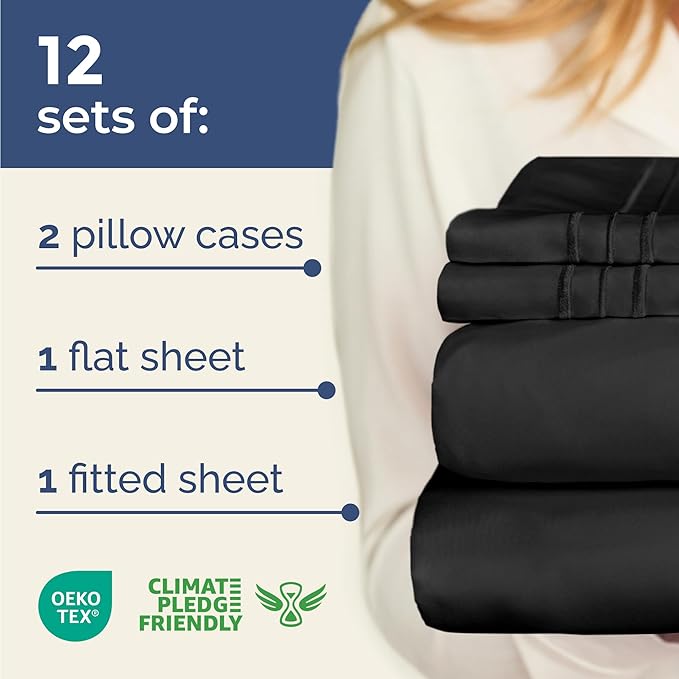 Bulk Case Pack of 12 Sheet Sets - 12 Massage Sheet Sets - Bulk Pack of Queen Sheet Sets - Bulk Queen Size Sheets - Wholesale Bulk Sheets for Hotels & Airbnbs - Exceptional Value - Queen Sized, Black