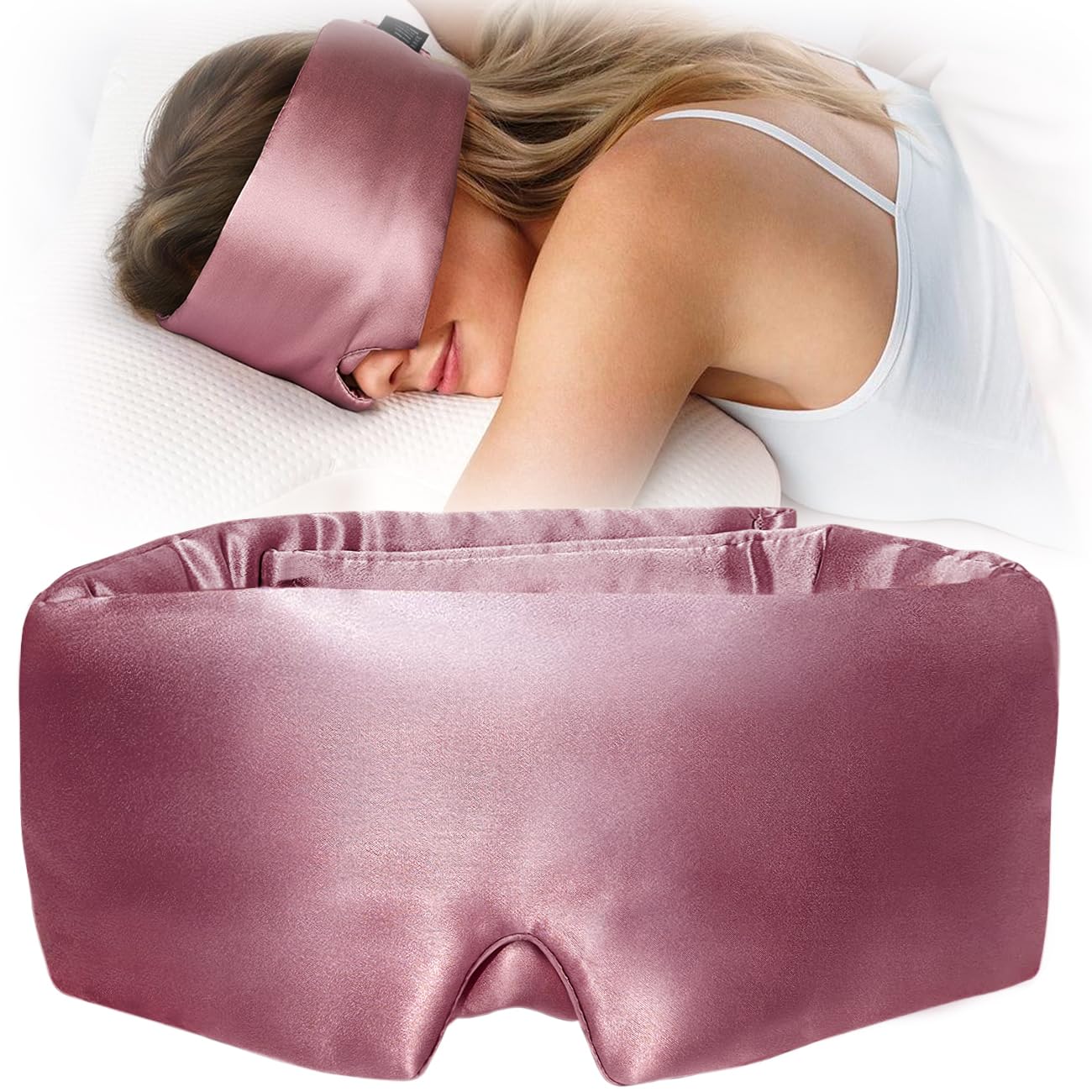 YFONG 100% Mulberry Silk Sleep Mask, Total Blackout Eye Mask for Women & Men, 22 Momme 6A Grade Silk with Adjustable Band Designed for Side Sleeper Pink
