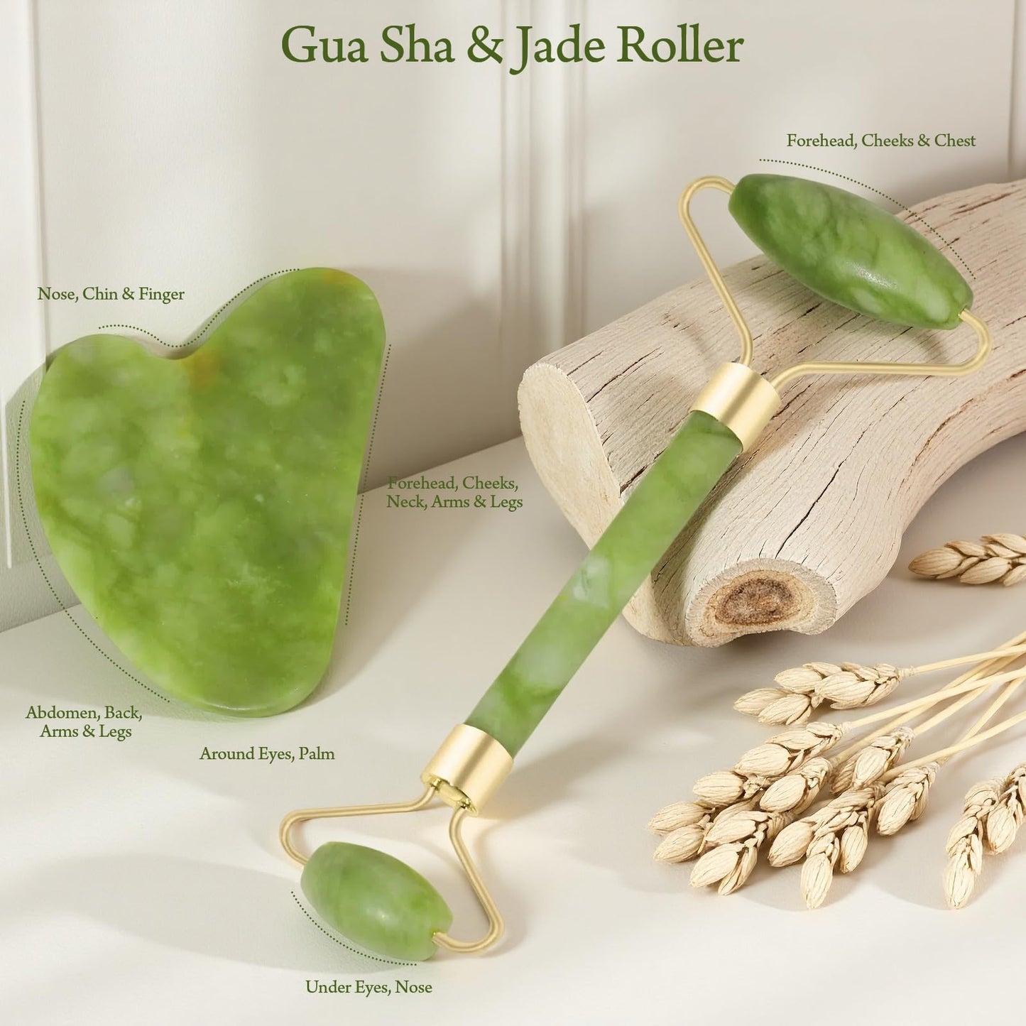 Real Perfection Gua Sha Facial Tools Face Roller for Wrinkles Jade Roller and Gua Sha Set, Scrubber Pore Brush Headband Skin Care Tools for Travel Skincare Routine Massaging Reducing Puffiness - Green