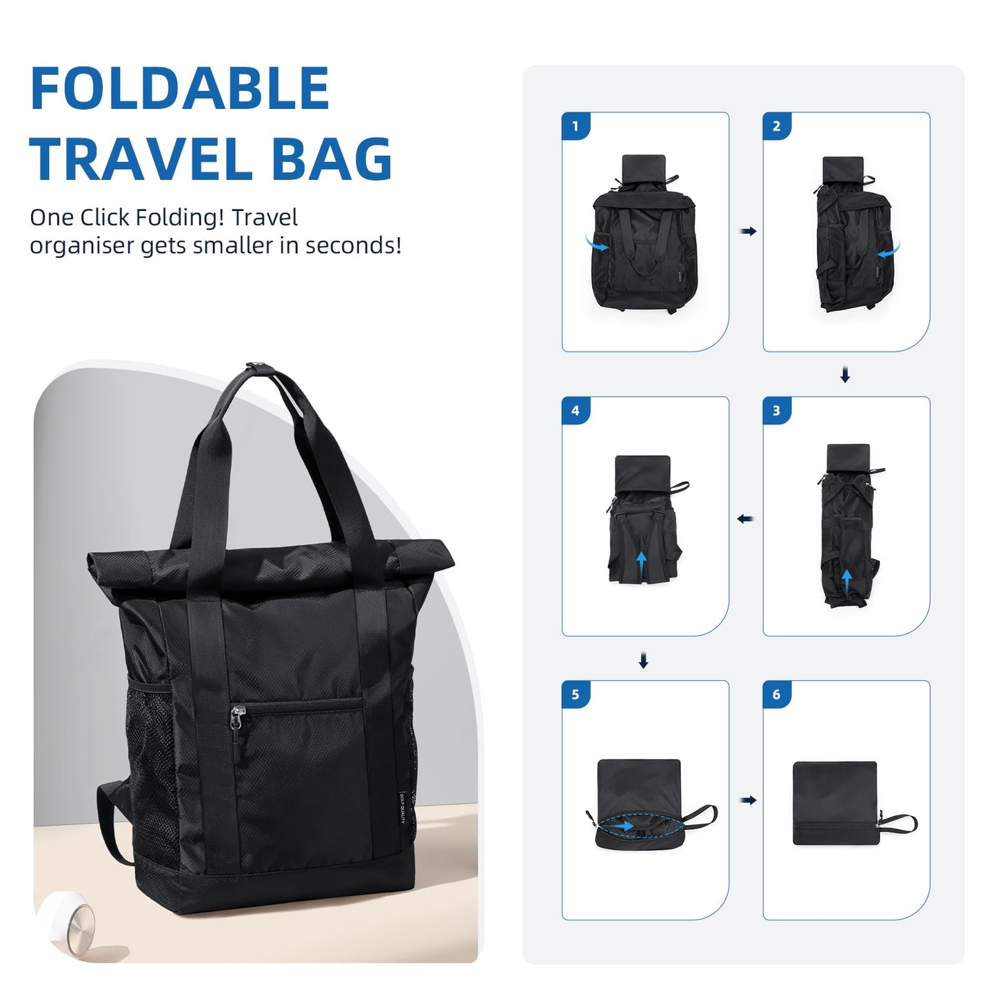 GOLF QUALITY Foldable Convertible Tote Backpack Lightweight Versatile Nylon Daypack for Women Men Work Leisure Travel,Black