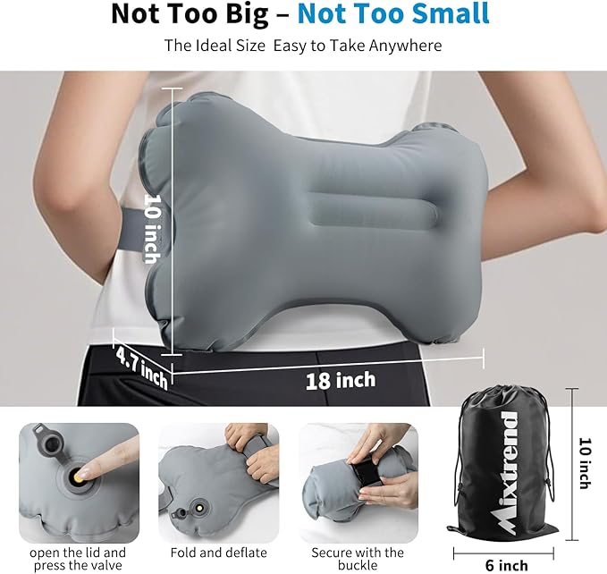 Mixtrend Travel Lumbar Pillow Inflatable Lumbar Support Pillow with Memory Foam, Back Support Pillow for Airplane Long Flight, Essential Travel Support Pillow for Women Men Kids
