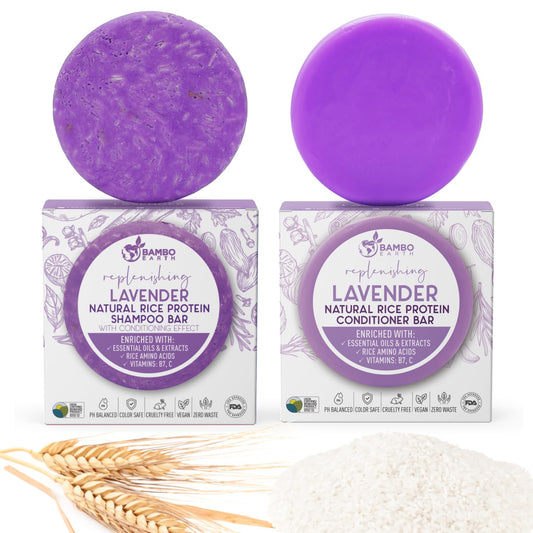Solid Rice Protein Water Shampoo & Conditioner Hair Soap – Shampoo and Conditioner Bars For Hair With All Natural Plant Based Essential Oils And Zero Waste Packaging (Lavender)