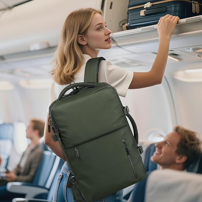 Business Travel Carry on Backpack, Lay Flat Luggage Style Bag with USB C & A, 16-inch Suitcase Capacity, Airline Approved, Green