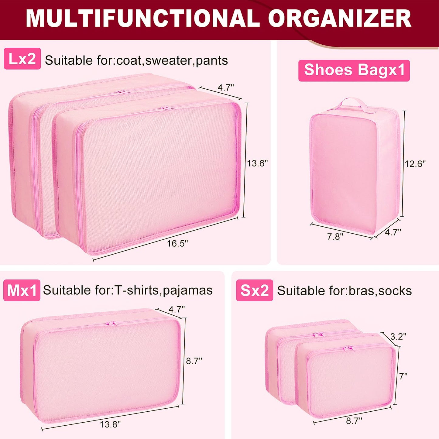 Packing cubes for Travel, CALACH Luggage Organizer Bags 6 Set Packing Cubes for Suitcases Travel Essentials for Carry on Mesh Suitcase Organizer with Shoe Bag (pink)