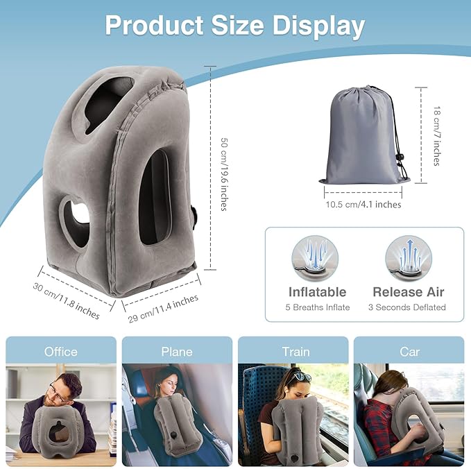 MoKo Inflatable Travel Pillow, Comfortable Neck Pillow with Storage Bag Support Shoulder and Neck to Avoid Pain for Airplane Train Office Car Travel Home, Gray