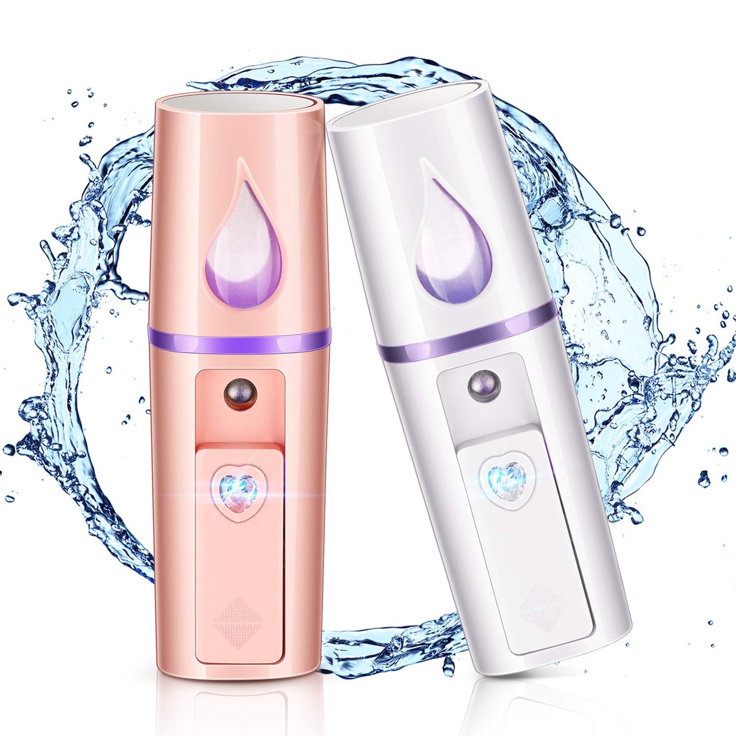 2 Pcs Nano Facial Mister Portable Mini Face Steamer USB Rechargeable Handy Sprayer with Mirror and 20ml Visual Water Tank, Moisturizing and Hydrating for Atomization Eyelash Extension(White, Pink)