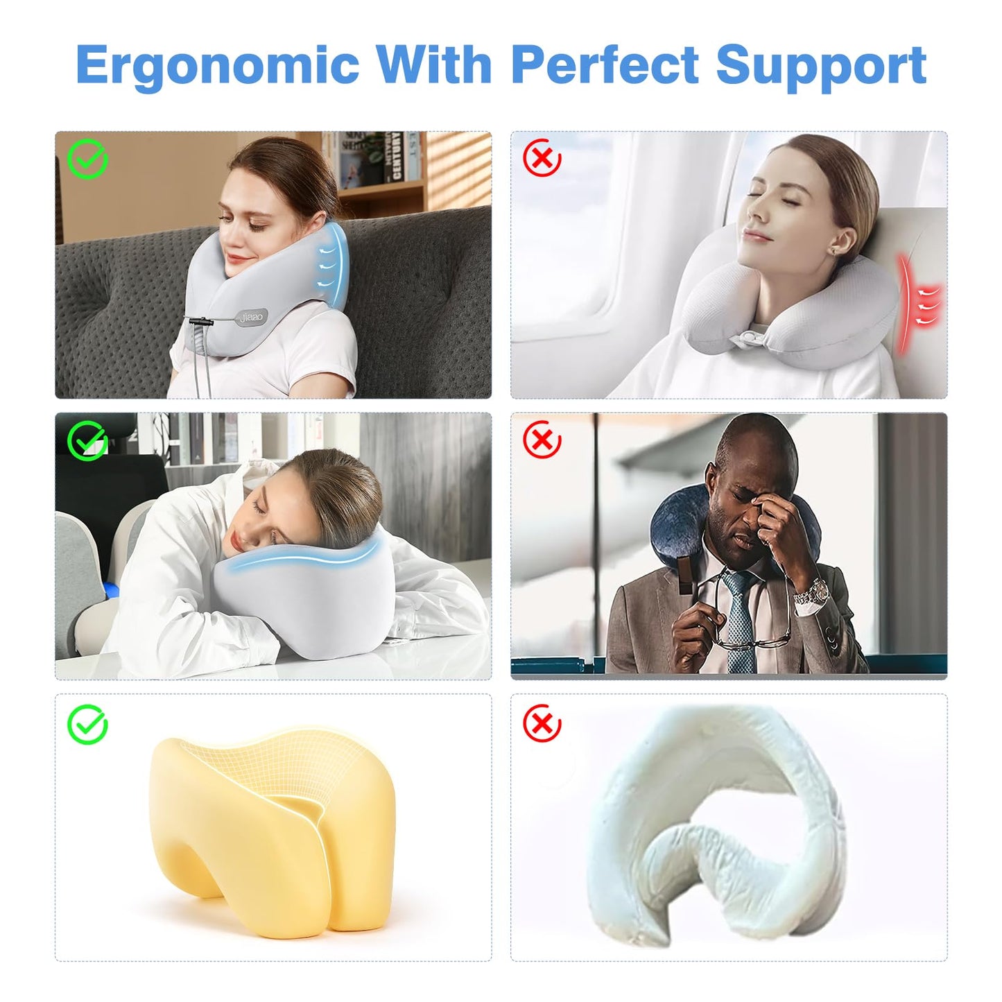 jiaao Travel Neck Pillow - Pain Relief & Comfortable Sleep on Cars, Trains & Planes - Memory Foam Advanced Neck Support for Long Flights, Eye Mask, Earplugs & Storage Bag