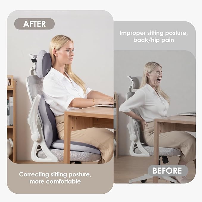 FLORICH 3 PCS Seat Cushion for Carseat Lumbar Support Pillow Car Neck Headrest Pillows Ultrathick Memory Foam Seat Pads Pressure Relief Back Cushion for Office Chair(Grey)