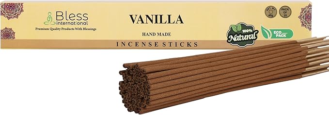 Bless-Vanilla 100%-Natural-Handmade-Hand-Dipped-Incense-Sticks Organic-Chemicals-Charcoal-Free Purification-Relaxation-Positivity-Yoga-Meditation Best-Woods-Scent (25 Sticks (1.4 OZ))